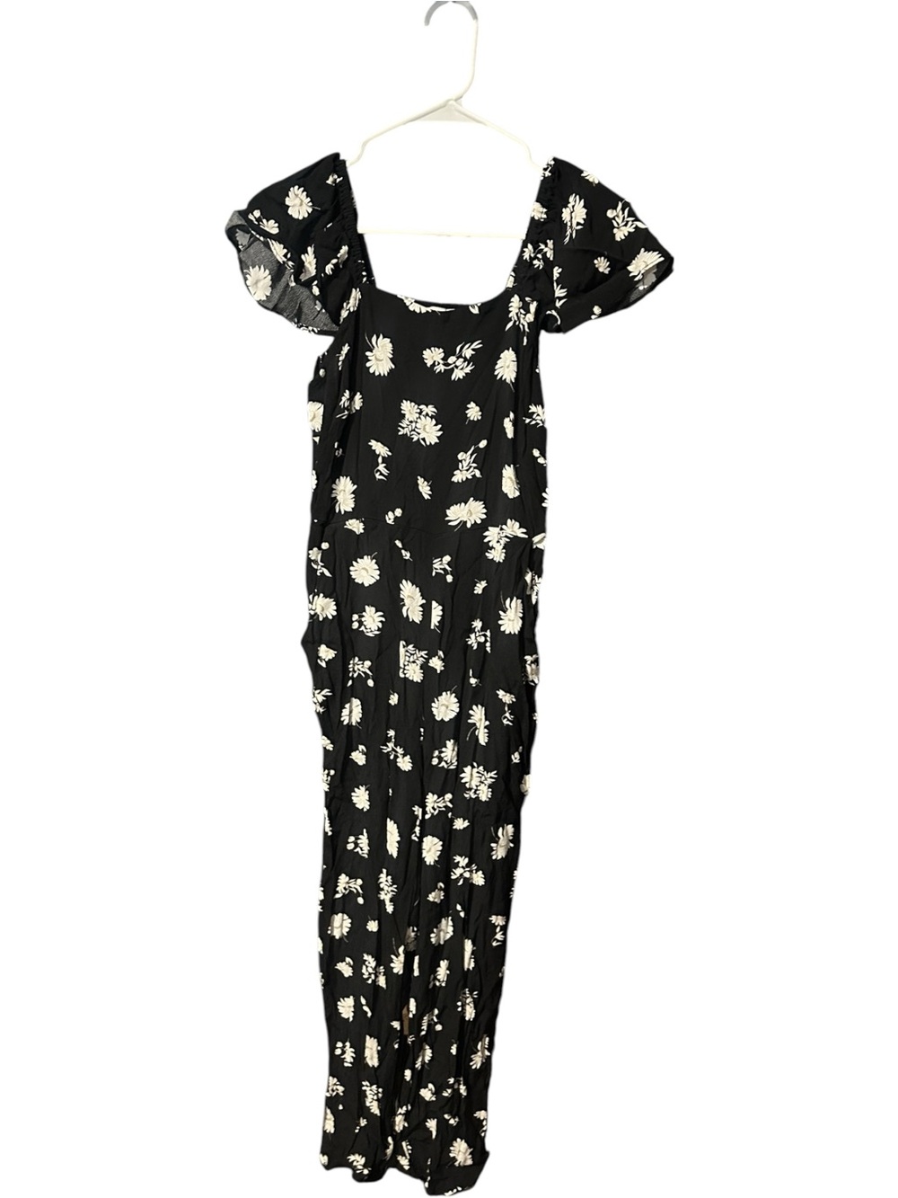 Loft Floral Flutter Sleeve Smocked Midi Jumpsuit Black White Size Small Petite